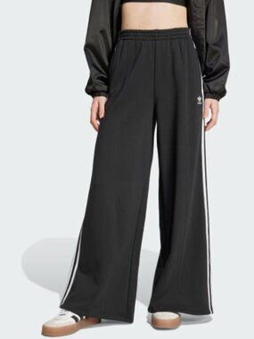 ADIDAS Adicolor 3-Stripes Loose French Terry Wide Leg Pants black w. white lines